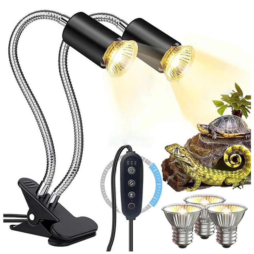 KINGYEENUO Lampe de Chaleur à Double Tête pour Reptiles avec Minuteur, 3 Ampoules: 2x50W 1x25W UVA + UVB E27 Basking Lumière, Lampe à Pince Rotative à 360 ° avec Commande Séparée pour Tortue, Lézard