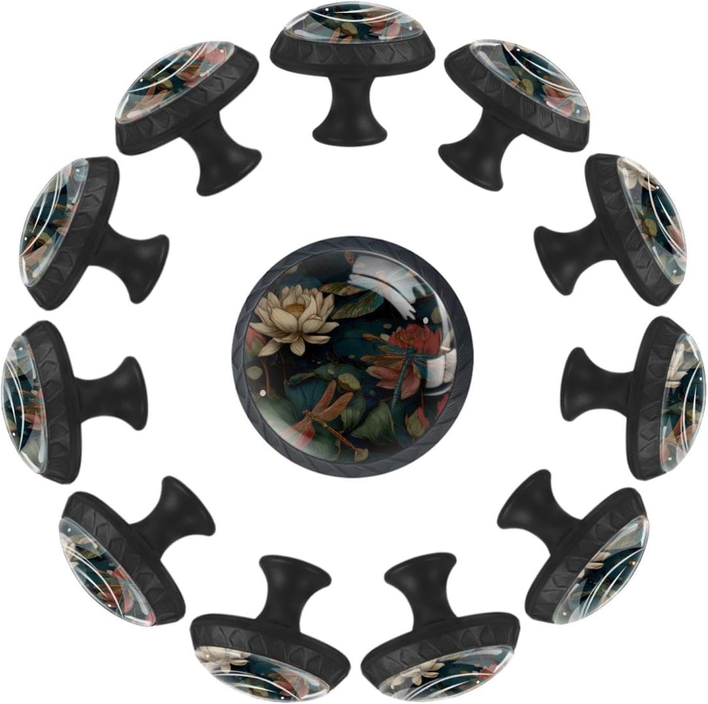 Black Fantasy Dragonflies and Lotus Flowers (2) Pattern Furniture Knobs, Practical Drawer Pulls for Cabinet and Dresser
