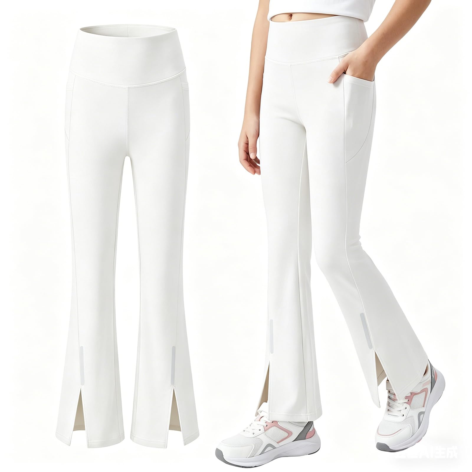 Leggings Deportivos para Niñas con Bolsillo y Tiras Reflectantes, UPF 50 Acampanados Pantalones Transpirable Elástico Casual Escuela Pantalón Ninos Mallas para 7-15 Años