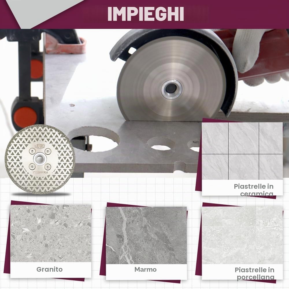 Disco Diamantato per Piastrelle 230mm - Disco per Taglio e Smerigliatura di Granito Marmo Ceramica Gres Porcellanato Quarzo, Flangia M14