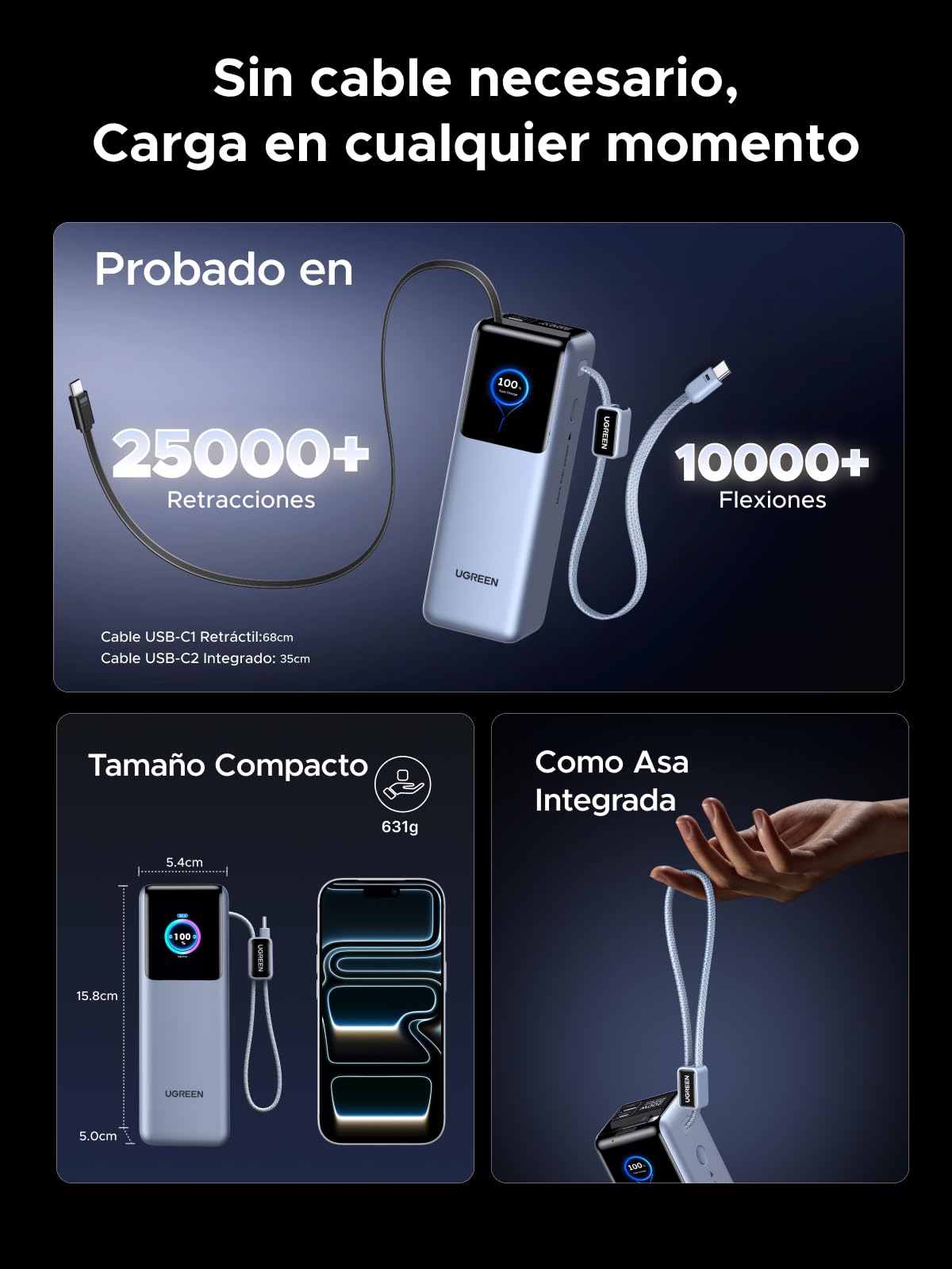 UGREEN Nexode Pro 200W Power Bank 25000mAh Batería Externa USB C PD 100W | Carga Rápida, 4 EN 1, 2 Cables, 2 Puertos 1C1A, Pantalla TFT, Cargador Portátil PC, Compatible con iPhone 17 16 15 Galaxy S26