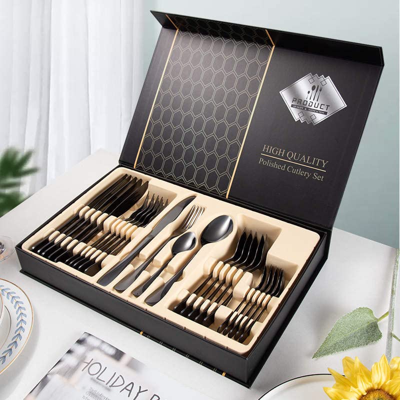 24 Pieces Silverware Flatware Set with Gift Box, Stainless Steel Utensils Service set for 6, Mirror Polished Cutlery Set,Dishwasher Safe Knife Fork Spoon Tableware set (Black)