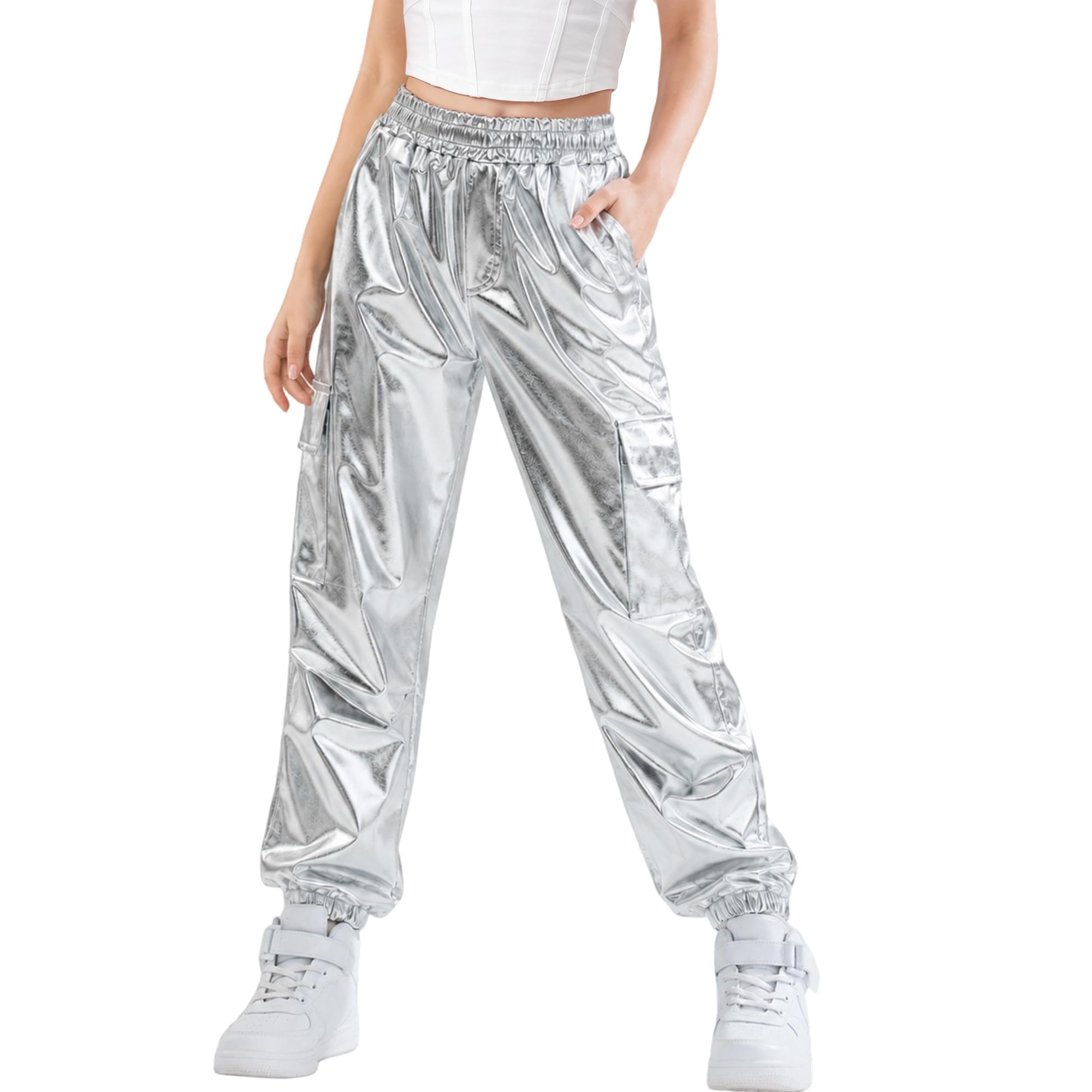 Rolanko Girls Metallic Cargo Pants, Shiny Jogger Pant for Dance 6-15 Years