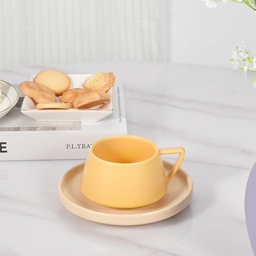 Miniatura 3 de Koythin Taza de café de cerámica con platillo, lindo y creativo plato con mango en forma de V para oficina y hogar, apto para lavavajillas y