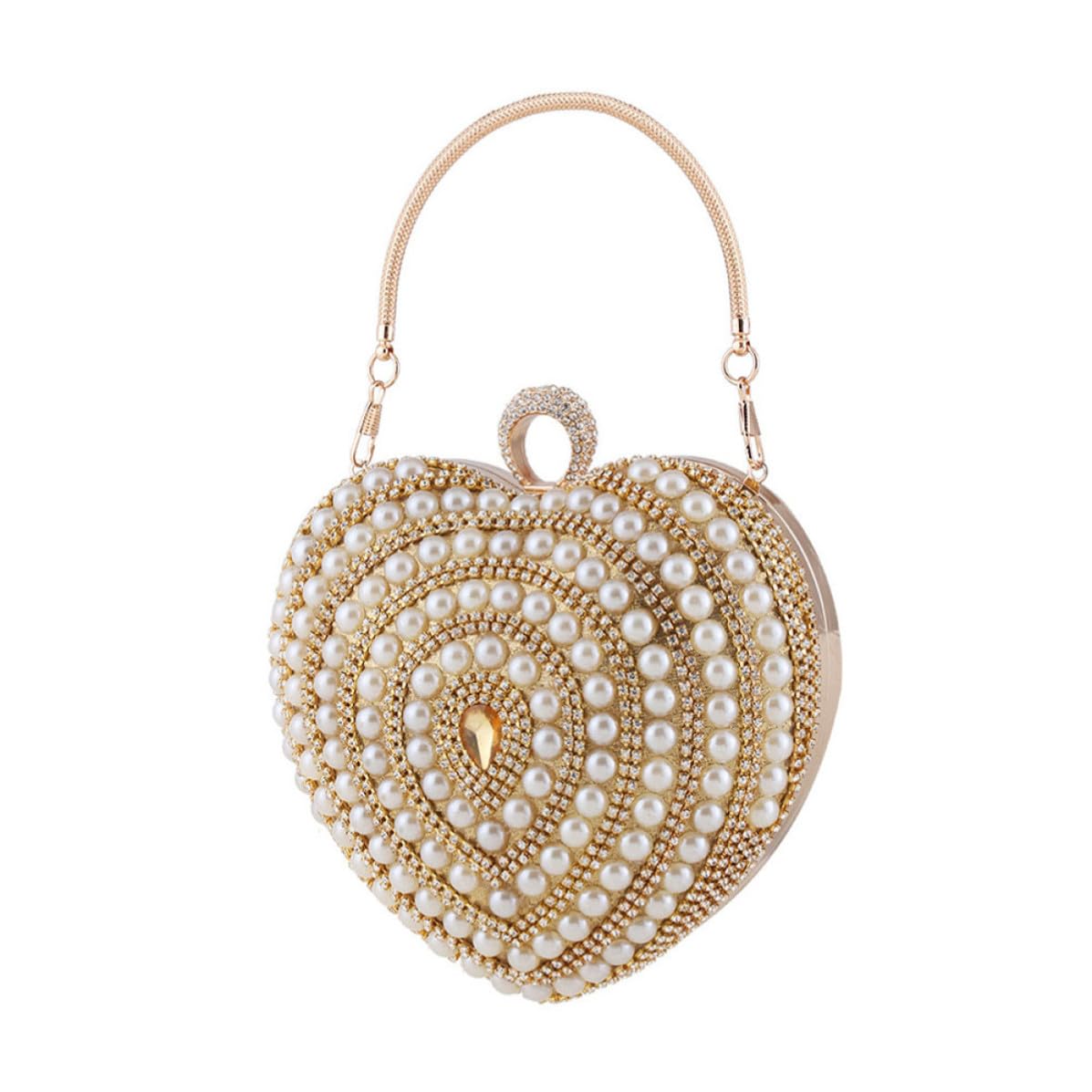 Pochette da Sera Dorata a Forma di Cuore con Cristalli Incastonati, Borsa Elegante in Poliestere e Metallo per Party e Cerimonie, Clutch da Mano Raffinata