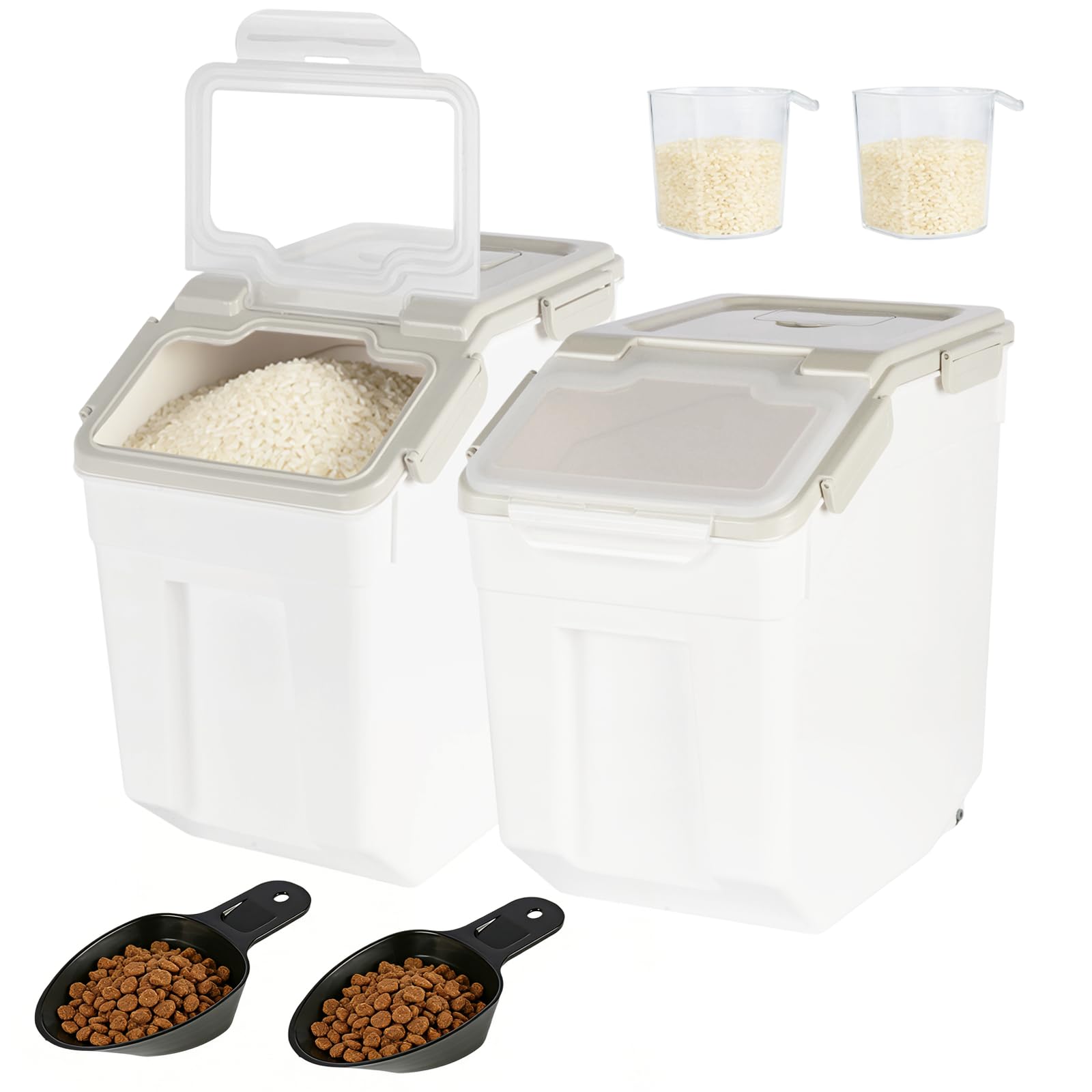 ANMOO Airtight Flour Storage Containers Set of 2 20KG with Locking Lid, Large Rice Flour Grain Bin with Wheels & Scoop, BPA-Free Dry Food Dispenser for Kitchen Pantry (Grey)