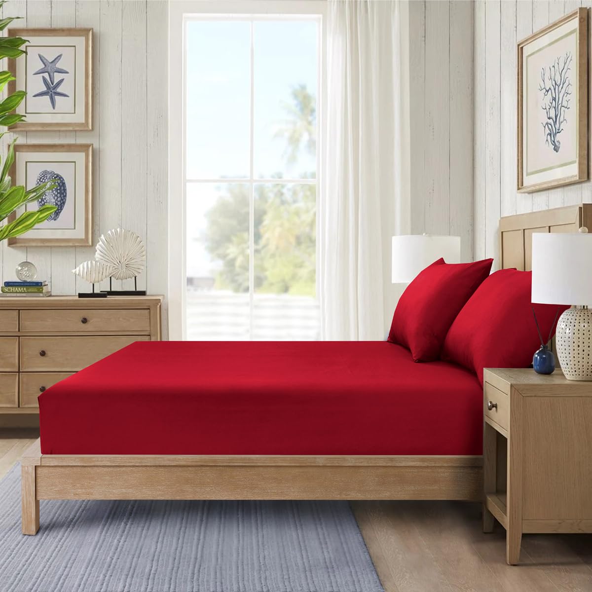 CHARKHAH Polycotton Fitted Sheet for Single Double King Super King Bed Anti Wrinkle Plain Bedding 25 cm Extra Deep Fitted Sheets Cover with Elastic Edges (Red, 40CM-Super King) — image 1