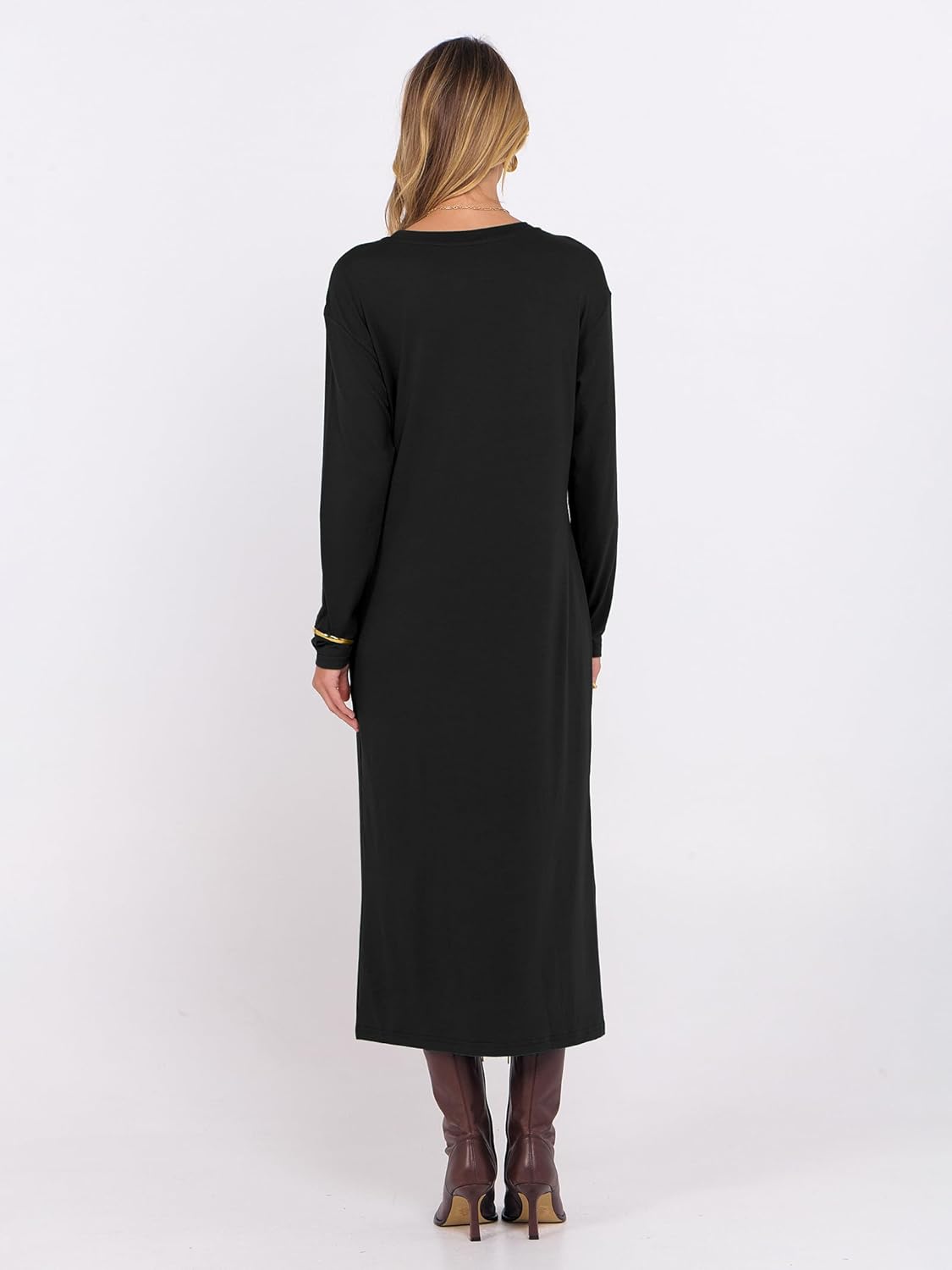 ANRABESS Long Sleeve Midi Dresses for Women Fall Fashion Casual Vacation Crewneck Loose Split Striped Long Tshirts Dress - Image 5