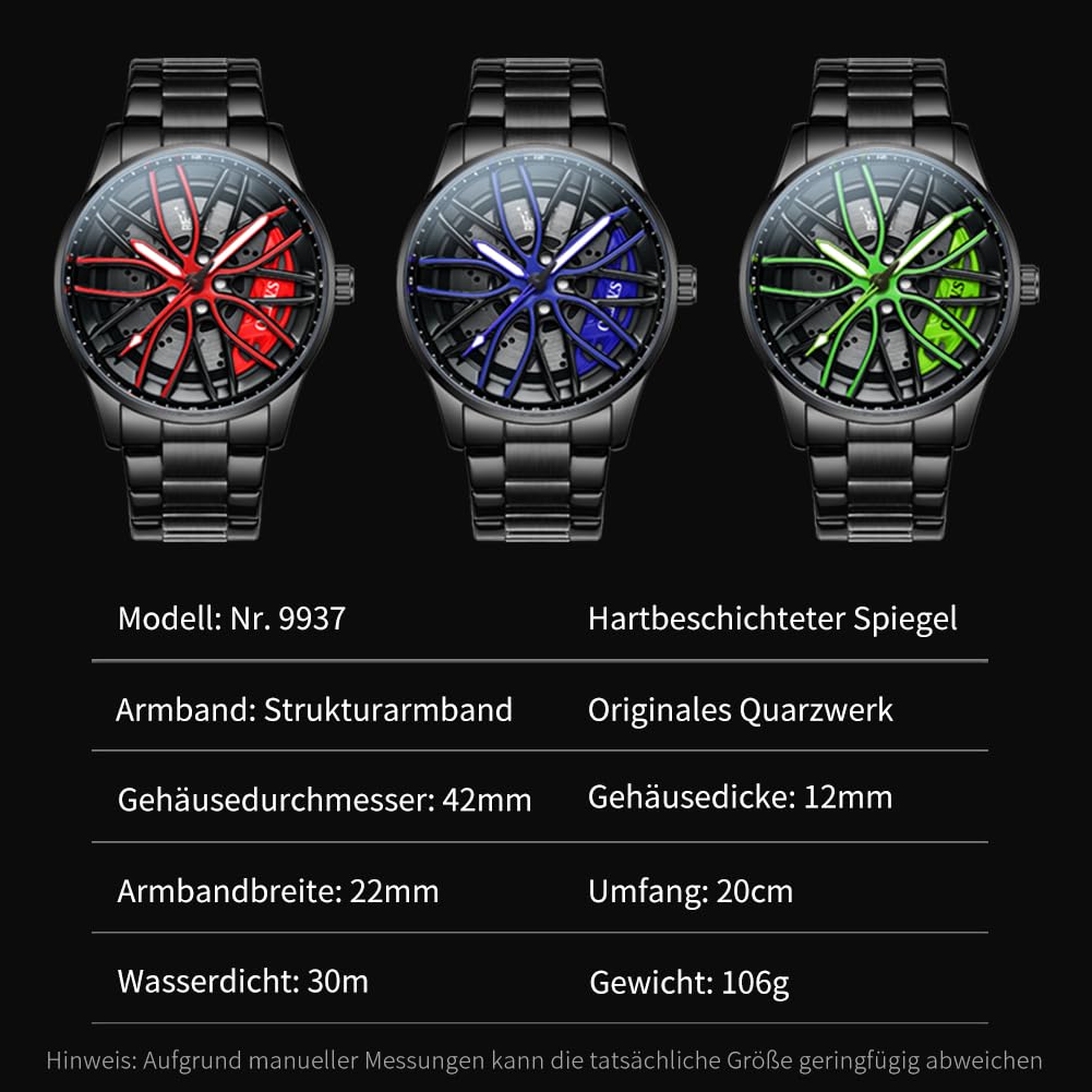 OLEVS Herrenuhren Drehende Auto-Rad Quarzuhren Modischer Sport Edelstahl Herrenarmbanduhr Leuchtend Wasserdicht für Männer