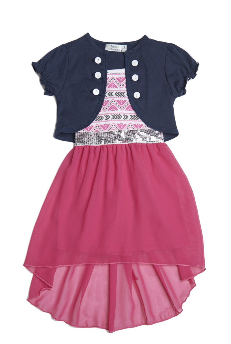 ToBeInStyle Girls Two Piece Short Sleeve Dress and Matching Bolero Crop Cardigan Assorted Prints Cotton Blend Summer Outfit