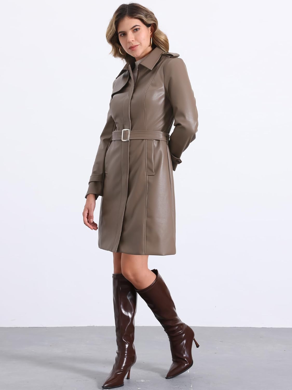 Allegra K Faux Leather Jacket Women Long Trench Coat with Lapel Zip Front Belt Fall Outfits Clothes Fashion 2026
