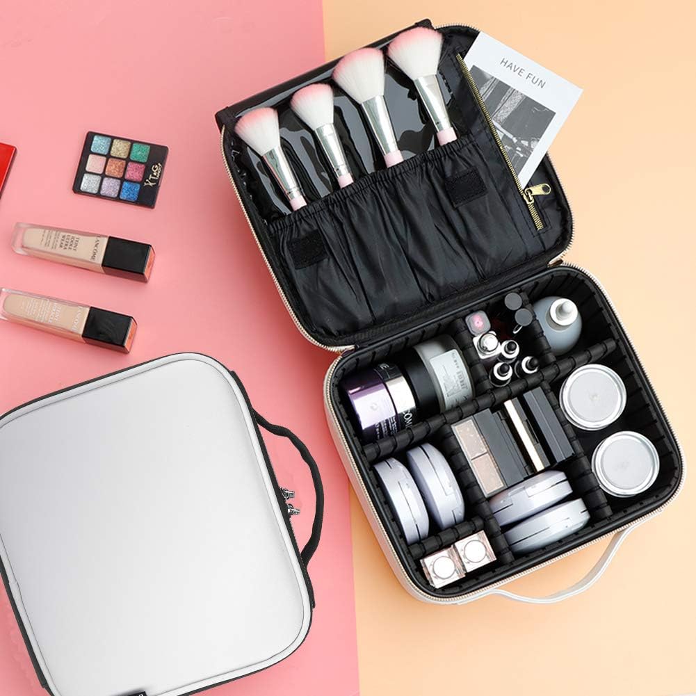 Cosmetic Bag,PU Leather Makeup Bag,Waterproof Travel Makeup Case with Adjustable Compartments, Shoulder Strap - White(26 x 23 x 12.5 cm)