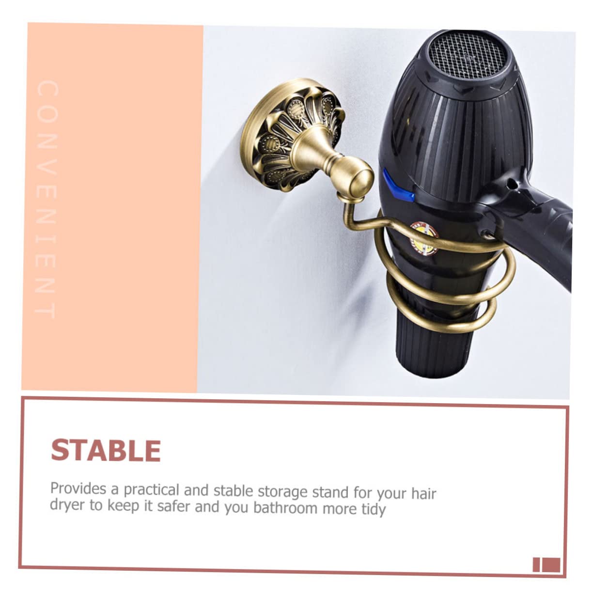 Soporte para Secador de Pelo de Pared, Cobre Dorado, Diseño Espiral, Almacenamiento Colgante, Adecuado para Baño