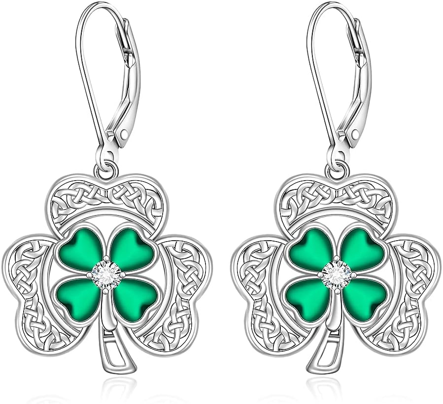St Patricks Day Earrings Shamrock Earrings for Women Sterling Silver Good Lucky Celtic Green Four Leaf Clover Jewelry Gift