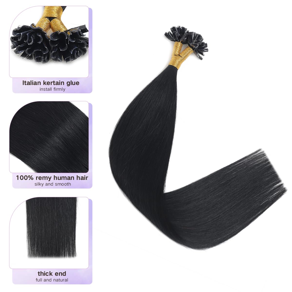 Sindra Extension Capelli Veri Cheratina Nero Jet 50cm 50g Parrucca Donna Capelli Veri Umani Utip in Hair Extensions Human Hair Remy Umano Estensione U#1-50cm