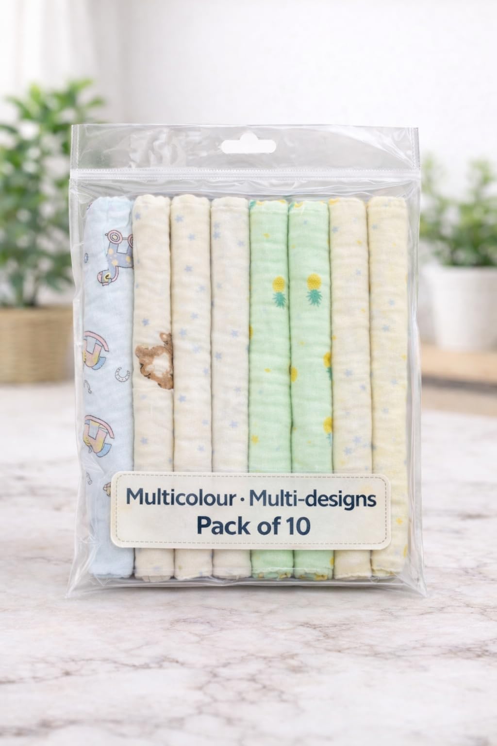 KIDS BASIC Soft Cotton Muslin Hankies for Babies Multicolour & Prints Daily Use Face Cloth - (Pack of 10)-image-32
