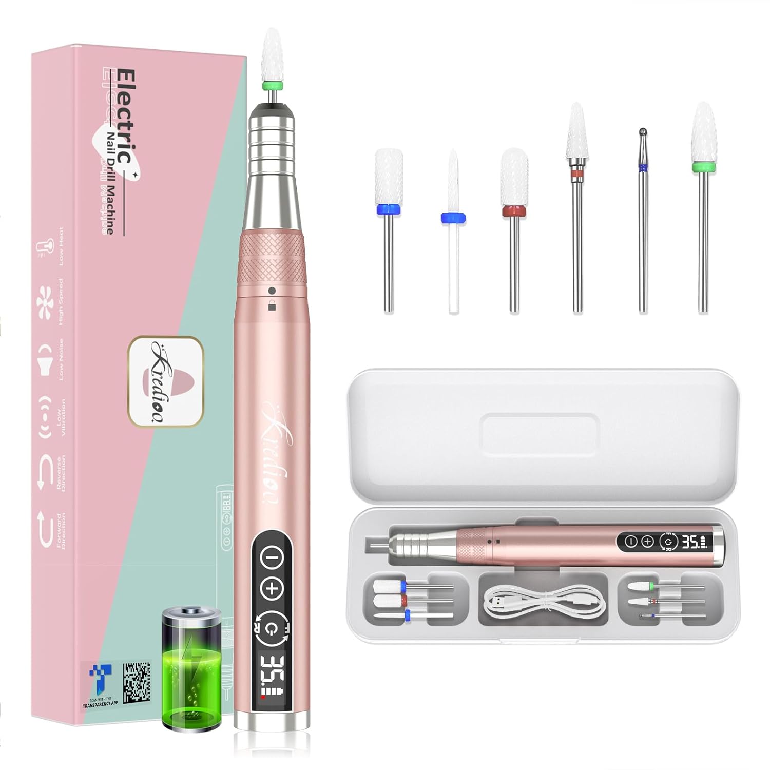 Kredioo Nail Drill Cordless 35000RPM Portable Rechargeable Electric Nail File Professional Ceramic Bits Kit with Travel Case Remove Acrylic Nails Dip Powder Gel Polish Kredioo Nail Drill Cordless 35000RPM Portable Rechargeable Electric Nail File Professional Ceramic Bits Kit with Travel Case Remove Acrylic Nails Dip Powder Gel Polish