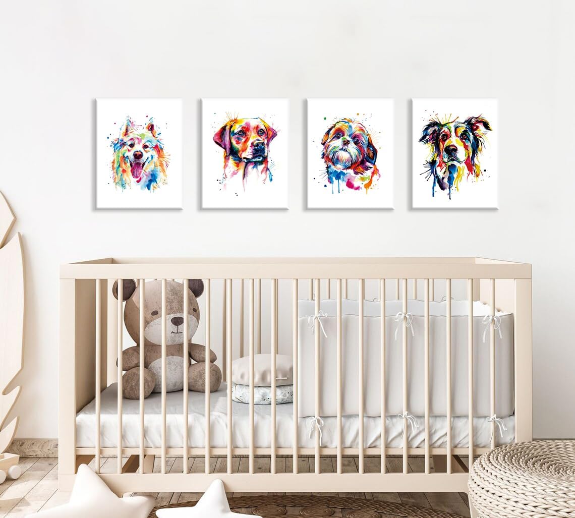 Colorful Watercolor Dog Wall Art Set of 4, Vibrant Dog Portrait Canvas Prints, Framed Boho Animal Decor for Living Room Bedroom, Ready to Hang 8x10 Inch