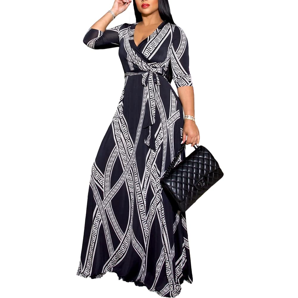 Robe longue col en V imprimé floral noir et manches 3/4