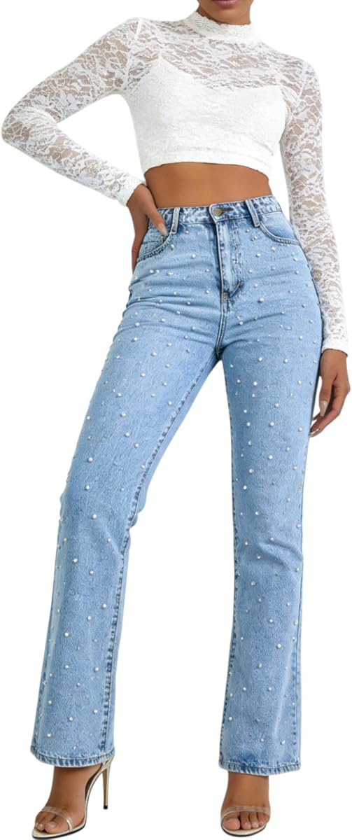Pearl Jeans for Women Baggy Straight Wide Leg Jeans Denim Pants