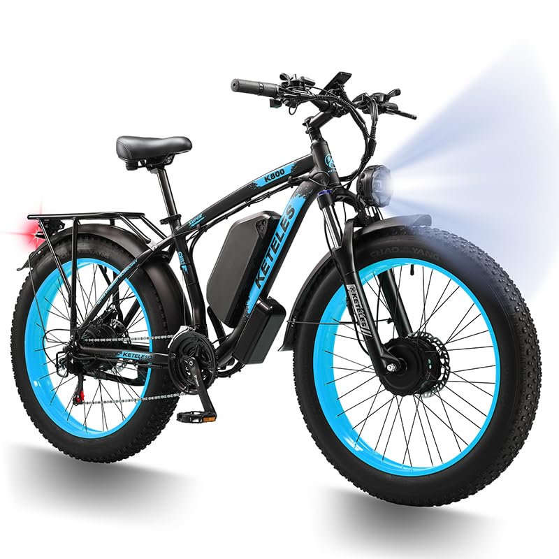 QIKAITU Elektrofahrrad mit Doppelmotor, Straßenzulassung, 250W elektrisches Mountainbike, 26 x 4 Zoll Fat Tire Ebike, 48V 23 Ah herausnehmbarer Akku (Blau)