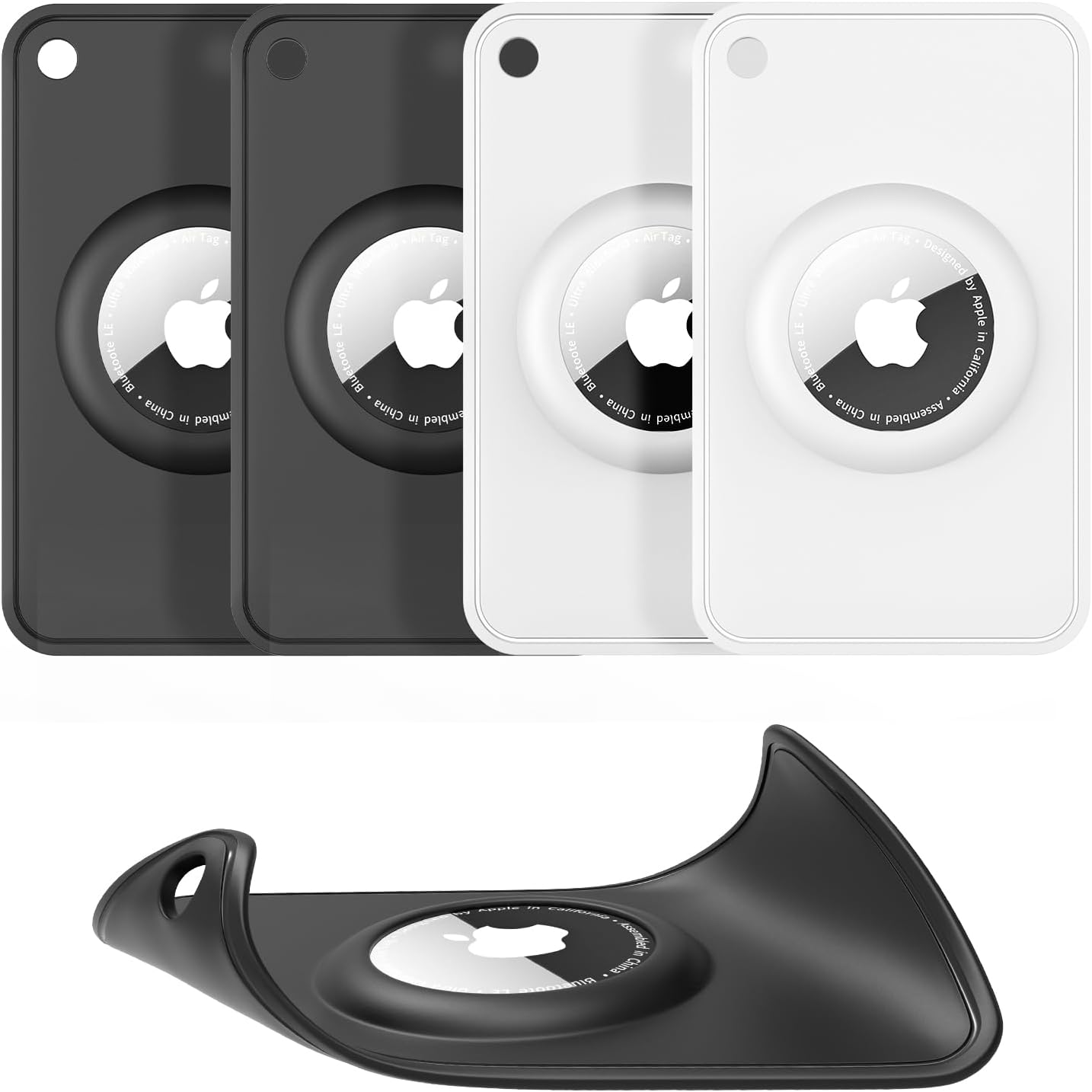 Four PESTON Silicone Slim AirTag Card Holders, two black and two white, with one black holder shown from the side to highlight its slim profile.