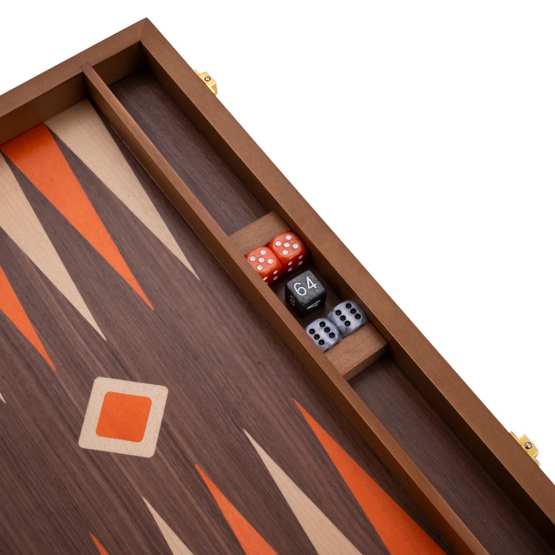 Engelhart-250548 – Backgammon in Legno 15 Pollici (38 cm) Valigetta di Lusso in Radica con Intarsi in Noce – Aperto 48 × 38 cm – Pedine Arancio/Bianco – Dadi e Bicchieri – Gioco di Strategia