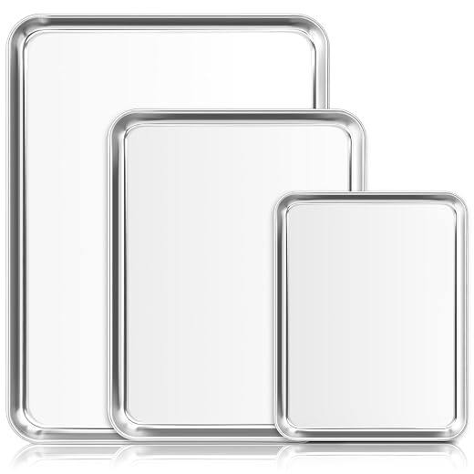 Baking Sheet Cookie Pan Set: 3pcs Stainless Steel Baking Tray - 9/12/16 Inch Heavy Duty Nonstick Bakeware Set for Oven Cooking