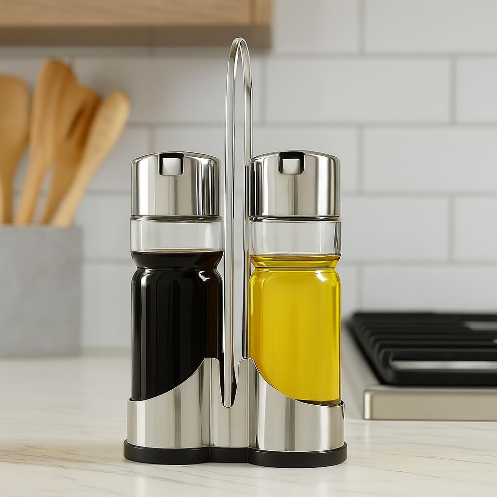 Set di Oliera e Acetiera - Acciaio Inox e Vetro - 2 Pezzi