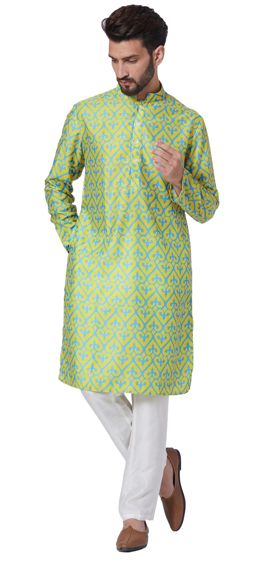 Lookmark Men's Cotton Blend Printed Long Kurta Suitable For All Indian Wedding, Occasions, And Festivals (Az-Lm-Og-Kurta 20-Xxl) Green