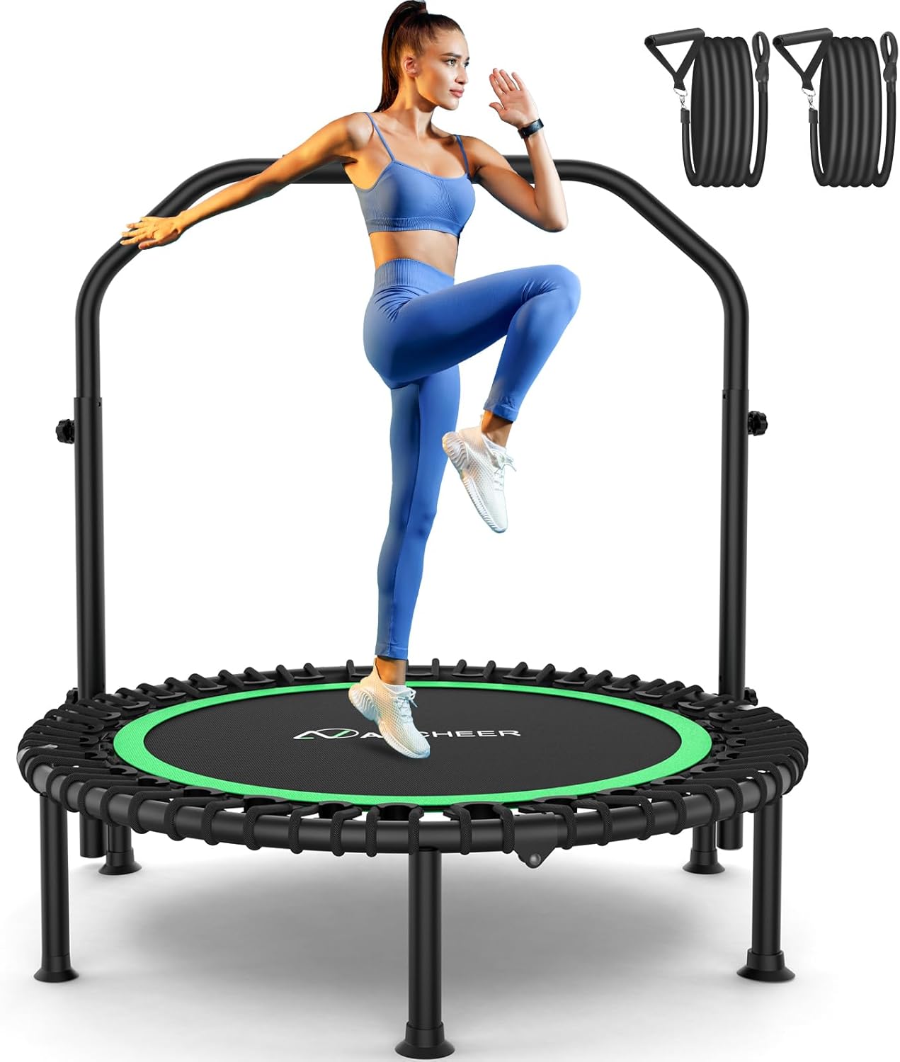 Bungee Rebounder Trampoline, ANCHEER 40" Foldable Fitness Trampoline with Resistance Ropes&Upgraded Bungees, 4 Level Adjustable Handlebar, 450LBS Capacity, Safe for Home/Cardio,Indoor/Outdoor