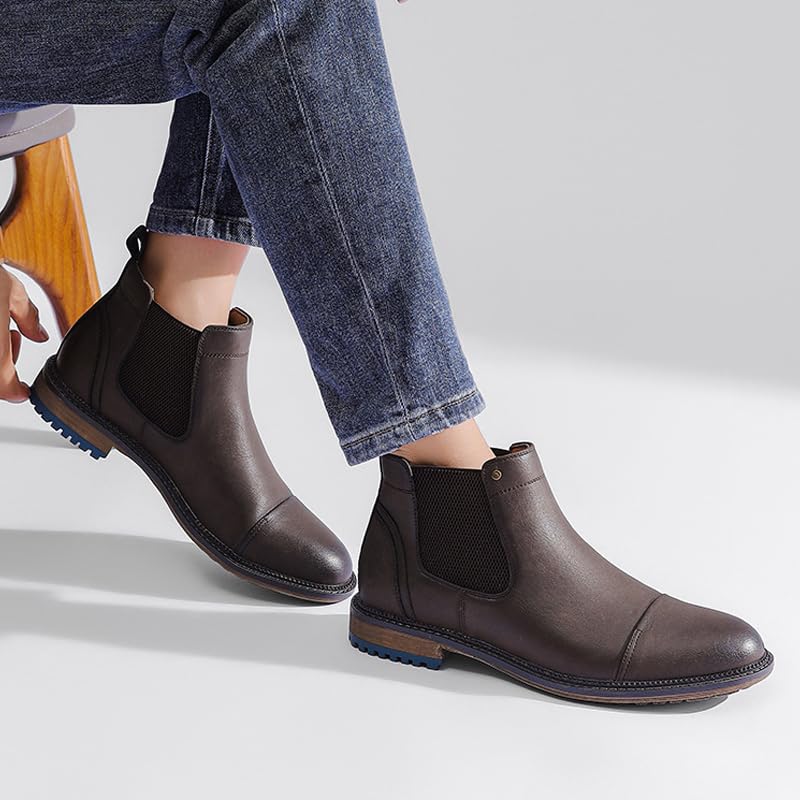 Men'S Leather Low Heel Dress Chelsea Boots Comfortable Round Toe Chunky Heel Slip-On Casual Chukka Ankle Boots With Side Elastic Bands Classic Ankle Boot3