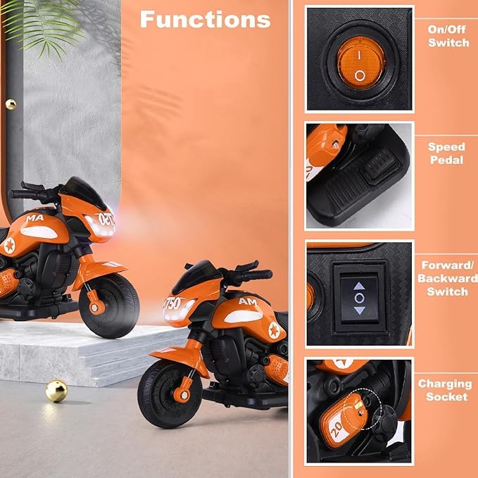Image of Ninja Ev Kids Battery Operated Bike Rechargeable Ride on for Boys and Girls with Music and Lights, Forward and Backward Gear, Built in MP3 Player Baby Bike with USB Port (Orange)