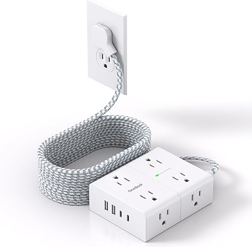 Cable protector de sobretensiones de 15 pies, cable de extensión plano ultrafino con 8 tomas, 4 puertos USB (2 USB C), regleta de alimentación de