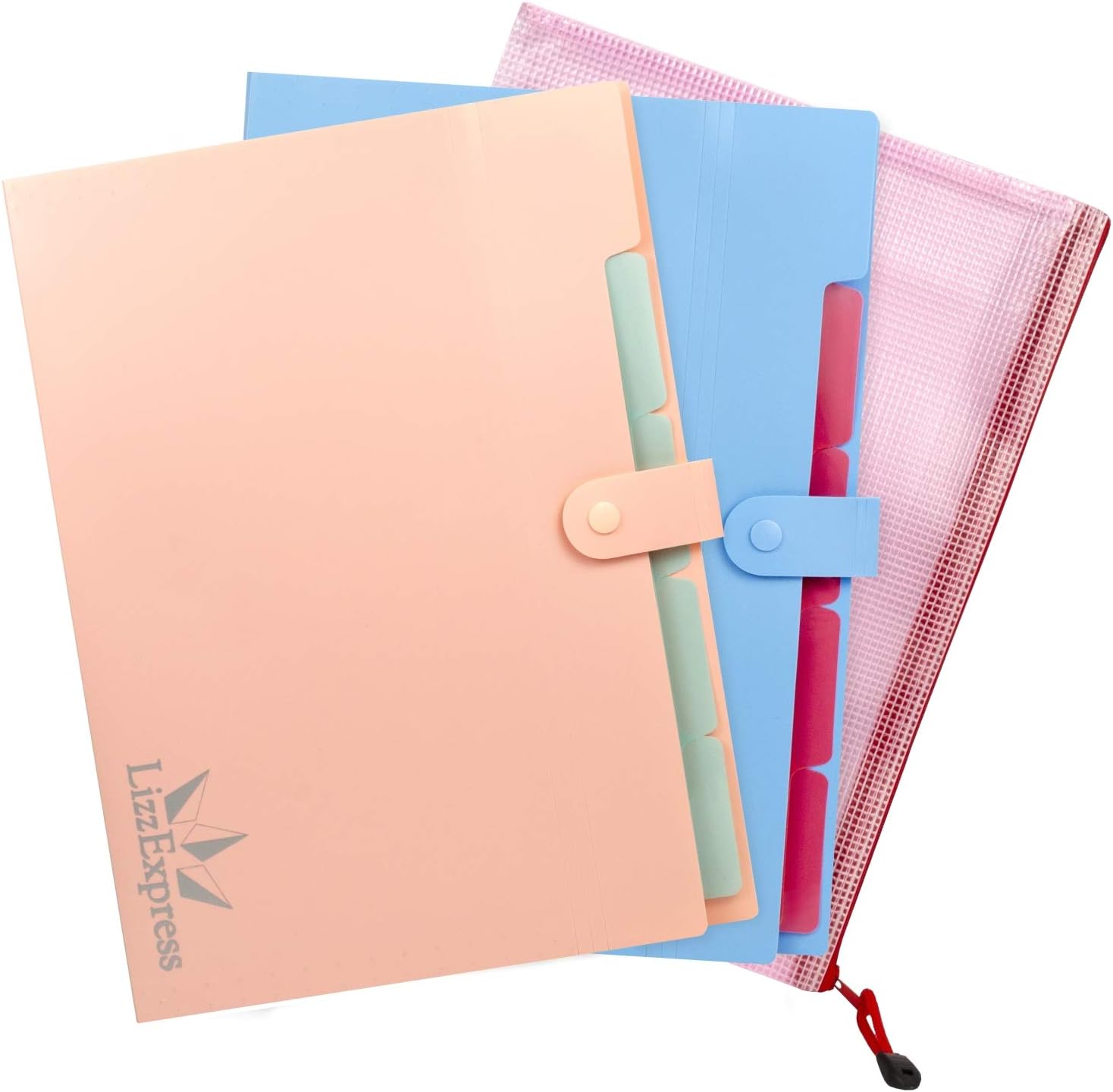 Paper Organizer Plastic File Folder | Accordion Folder Tabbed Paper Organizer Perfect File Folders with 5 Pockets Expanding Organizer Document File Filter by Lizz Express (Pink Set)