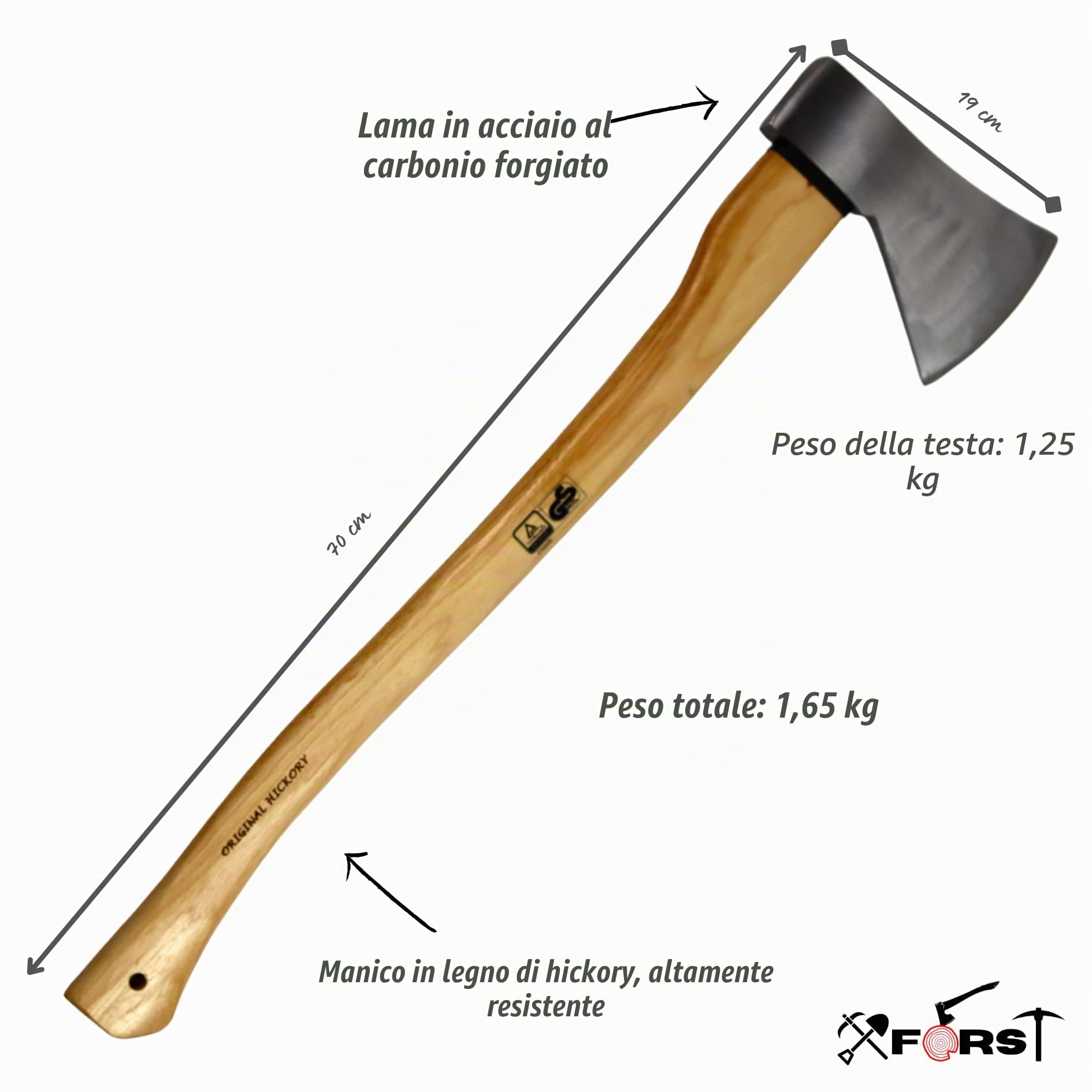 Xforst Ascia Spaccalegna X-UW12 – Accetta 70 cm con Manico in Legno di Hickory & Testa in Acciaio Forgiato – 1,65 kg – Conforme DIN 5131 TÜV/GS