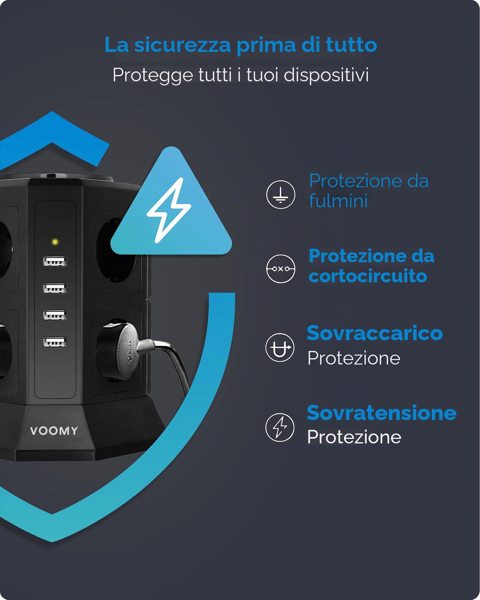 VOOMY 12-in-1 Multipresa Verticale, Ciabatta Multipresa con USB, Multipresa Elettrica con 8 Prese e 4 USB, Ciabatta con Fusibile di Protezione, 2 Interruttori Indipendenti e Cavo 2M, Nero