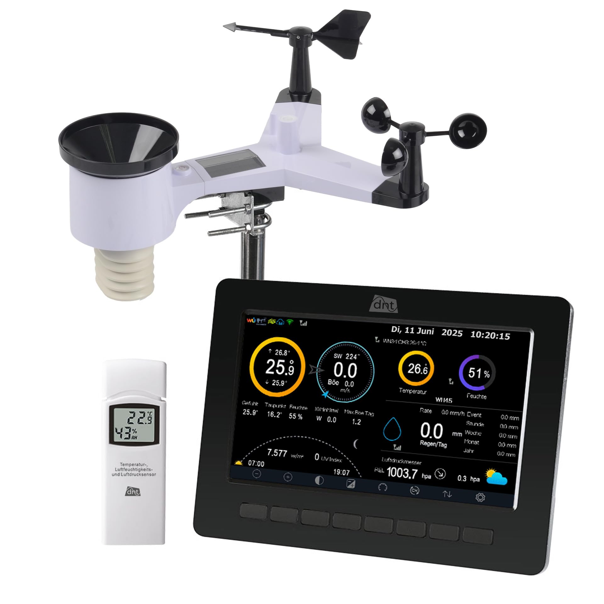 dnt WiFi-Wetterstation WeatherScreen PRO V2, Wetter- und Raumklima stets unter Kontrolle, DNT000026, Weiß, Schwarz