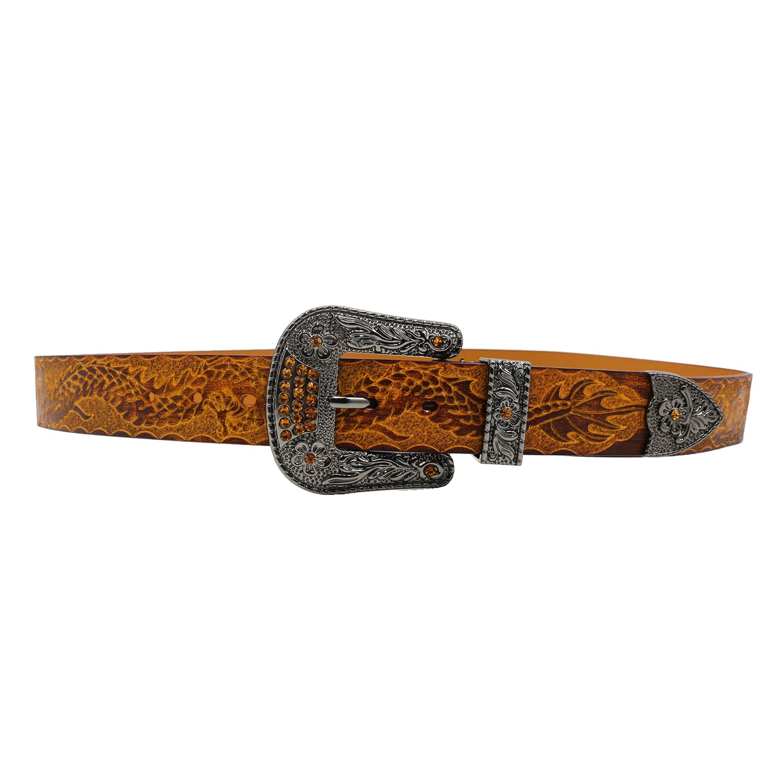 Handgemachter Herren Damen Ledergürtel aus Echtem Leder, Legierung Dornschließe Strass Schnalle, Anzug Jeans Gürtel,Drache Prägung(125cm/49, Brown)