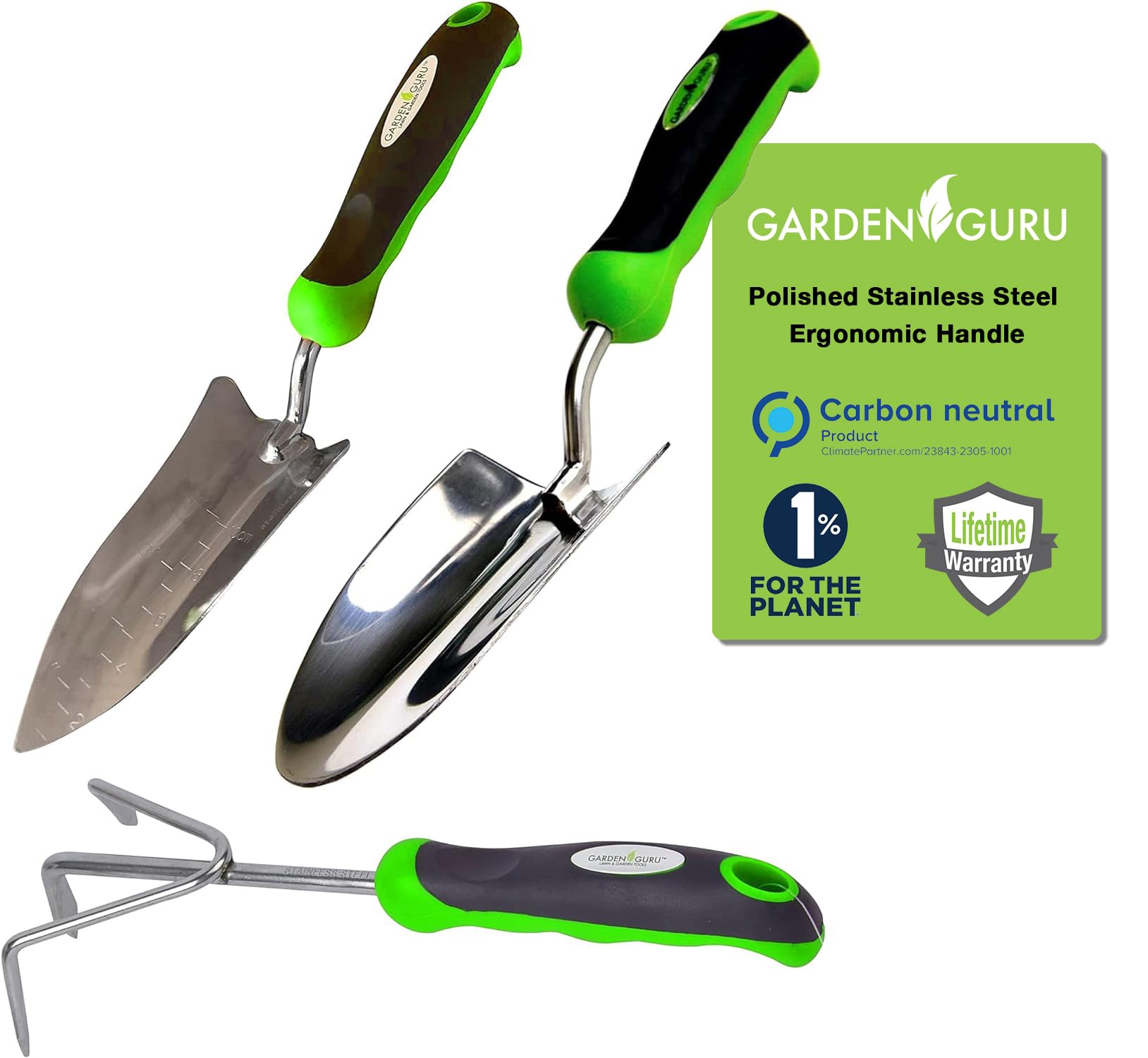 Garden Guru Garden Tool Set 3pc Hand Trowel Transplanter Cultivator – Heavy Duty Rust Resistant Stainless Steel - Ergonomic Comfort Grip Handle –