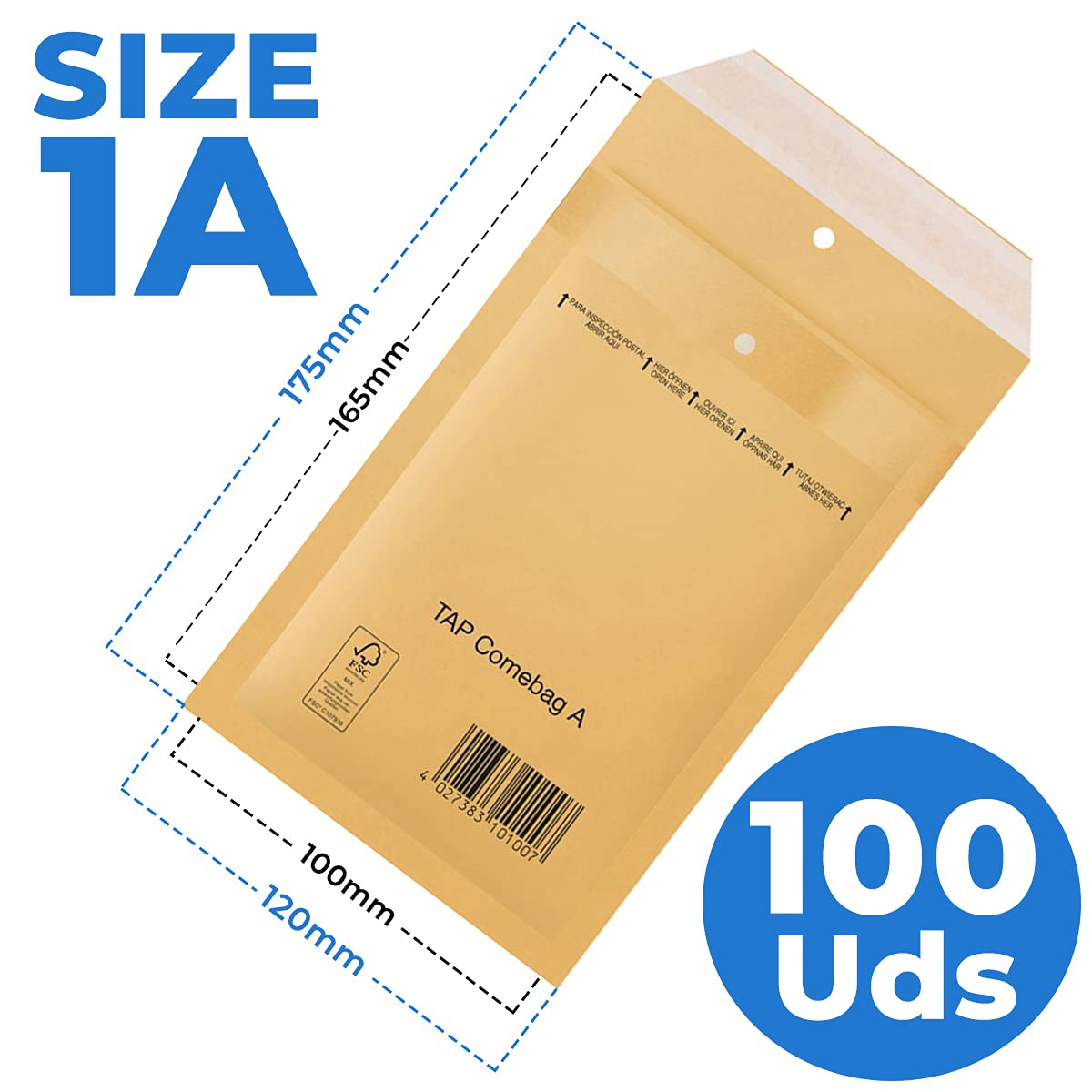 Sobres acolchados de burbujas y plastificados marrón bolsas TAB para envíos tamaño Nº 1 (175 x 120 mm) 100 Unidades