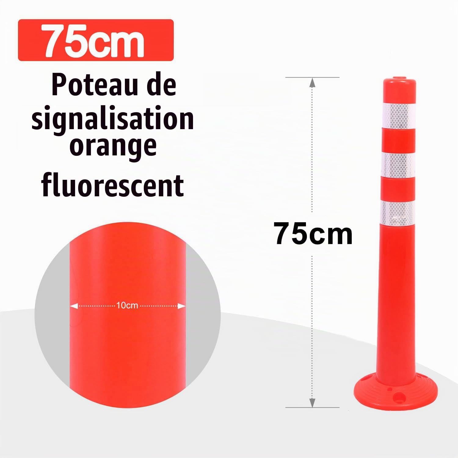 Lot de 4 poteaux de marquage de 75 cm - Portables - Orange - Avec anneaux réfléchissants - Pour la construction de routes, la sécurité du parking et le contrôle de la circulation
