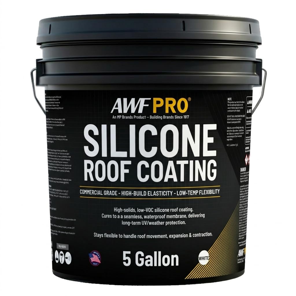 AWF PRO 100% Silicone Roof Coating – High Solids Commercial Roof Restoration Coating and Waterproof Membrane for Flat and Low-Slope Roofs – 5 Gallon