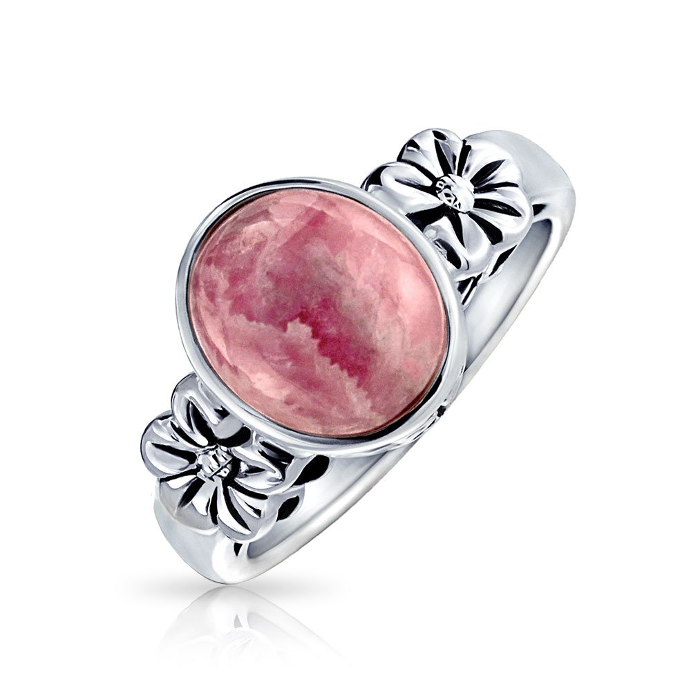 Bling Jewelry Anillo de moda bohemia con bisel de flor gema ovalada de rodonita rosa para mujer y adolescente banda de plata esterlina .925
