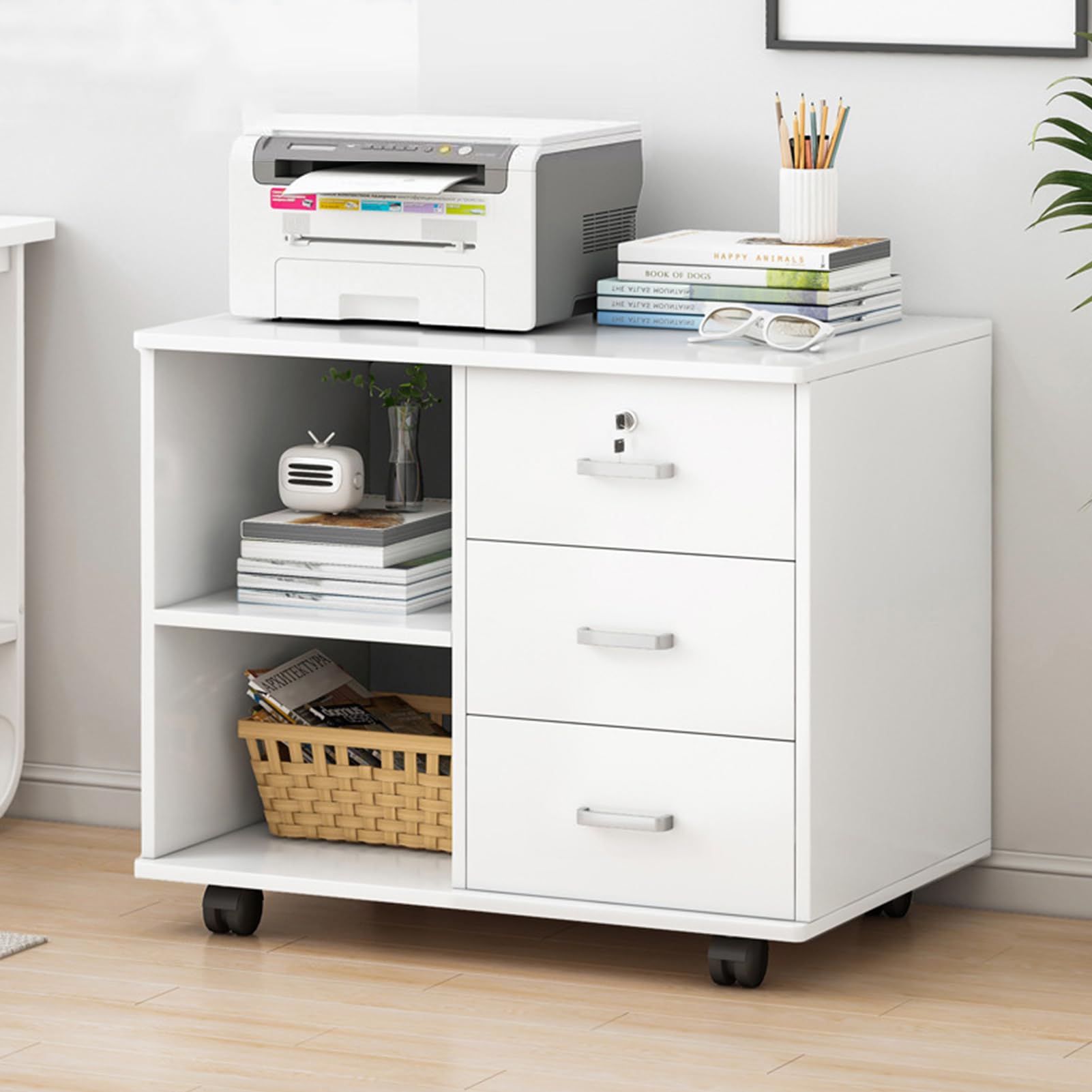 Caisson à 3 Tiroirs Bois Avec Étagères Ouvertes – Meuble Rangement Bureau Mobile Imprimante, Roulettes 360°