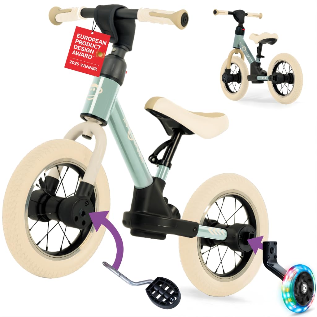 Kidcruiser Pedalplay balance bike from 2+ year old, ideal for learning to ride, 3-in-1 with LED training wheels and pedals, durable modular frame, Soft Green & Cream White