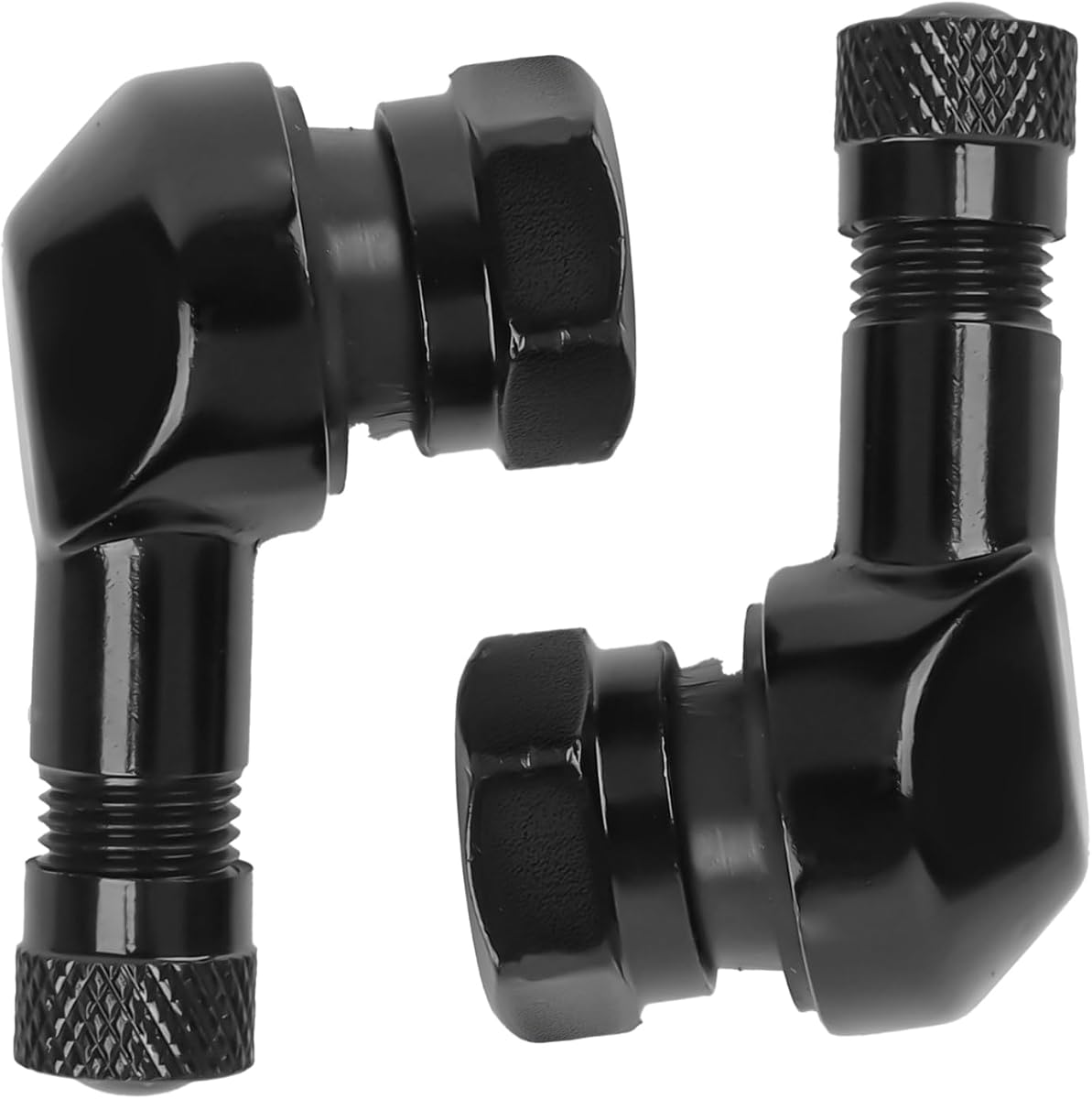 Black Aluminum 90 Degree CNC Motorcycle Tire Valve Stems TV25AL for Honda, Kawasaki, Suzuki, Yamaha, BMW, 0.453"/11.3mm+0.4mm Valve Hole Dia, Pack of 2