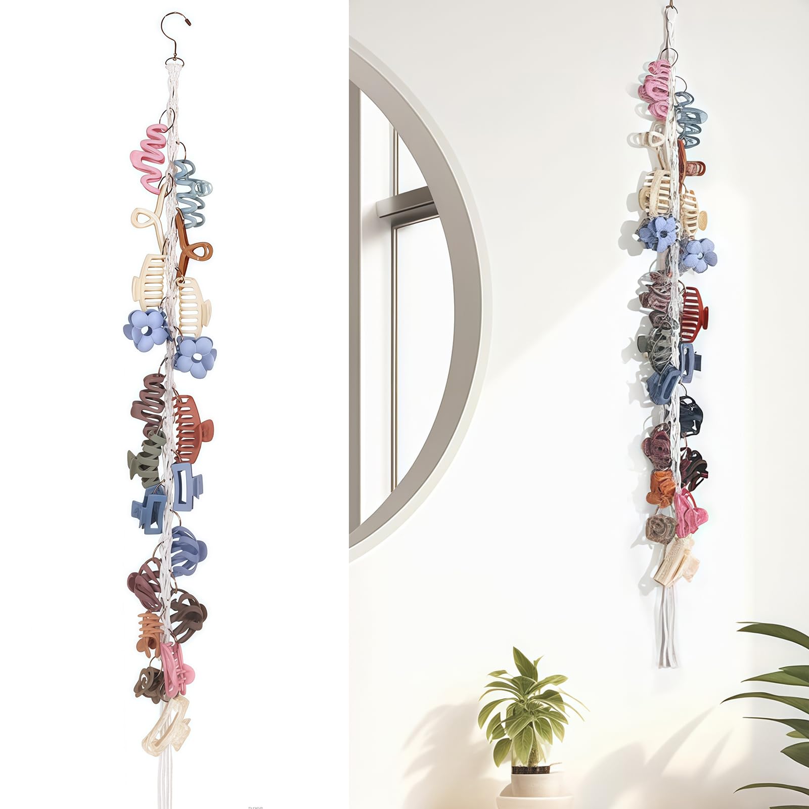 Vesavifaka Macrame Hair Claw Clip Organizer with Rotating Hook and 20 Metal Rings, Hanging Hair Clip Holder and Storage for Women Girls, Claw Clips Hanger Home Decor for Wall, Door, Closet