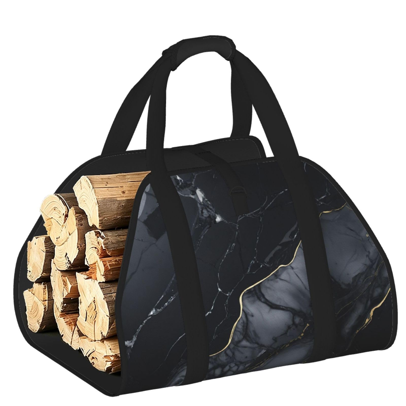 Ayyqwe Black Marble Print Firewood Bag Wood Waterproof Versatile Camping Picnic Storage Daily Home
