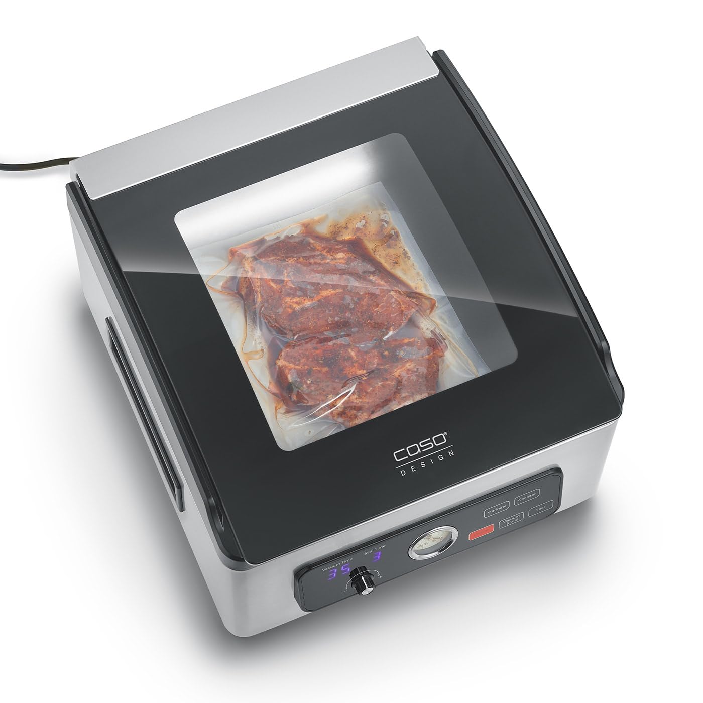 CASO VacuChef 700 - Sellador al vacío de cámara de acero inoxidable de 8 litros, fuerte bomba de vacío profesional de 70 litros/minuto, tapa de vidrio templado, para alimentos